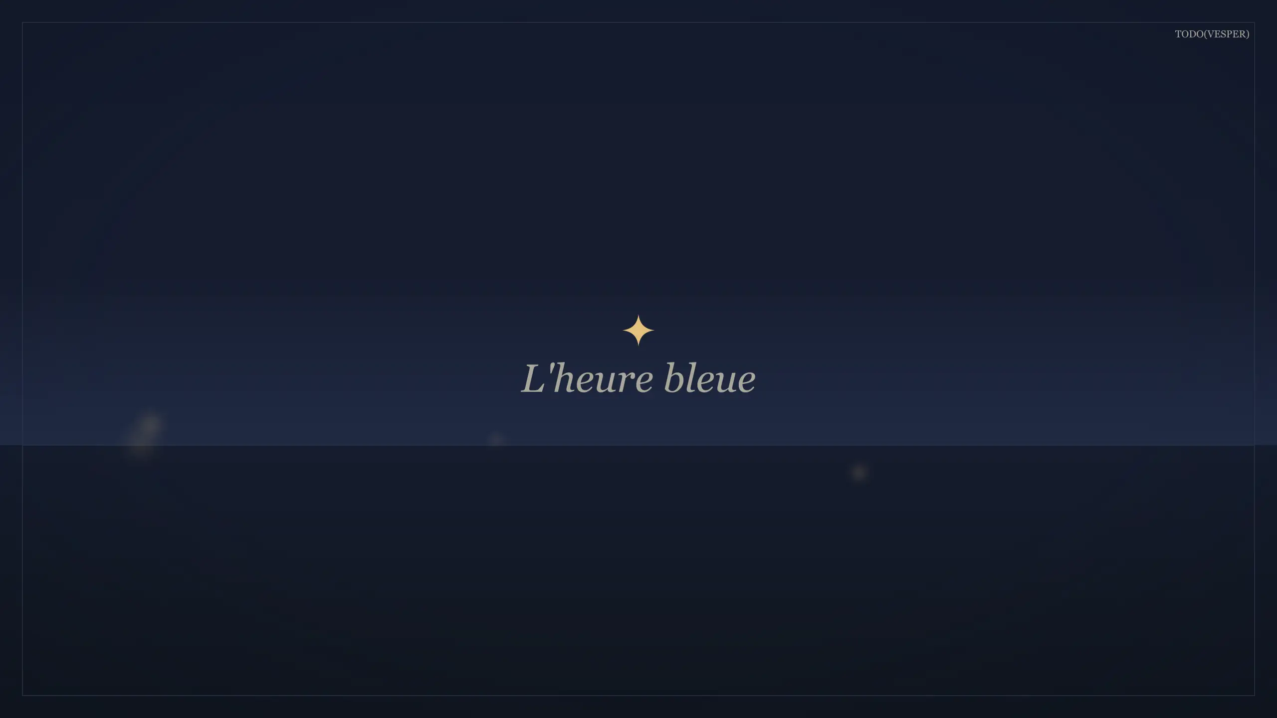 The dining room at blue hour — deep evening sky in the windows, the first candles just lit